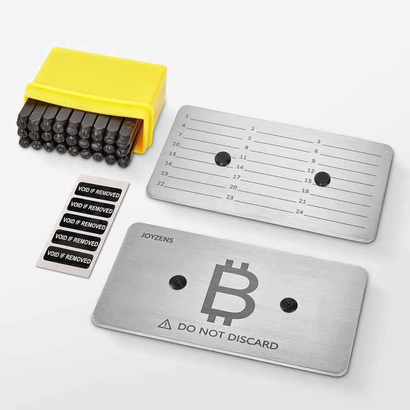 JOYZENS Seed Phrase Storage Kit - Metal Backup Plates + Stamping Tools, Bitcoin & Crypto Wallet Cold Storage, Tamper-Evident Design (2-Plates) (Alphabetic Punch Set) - Image 1